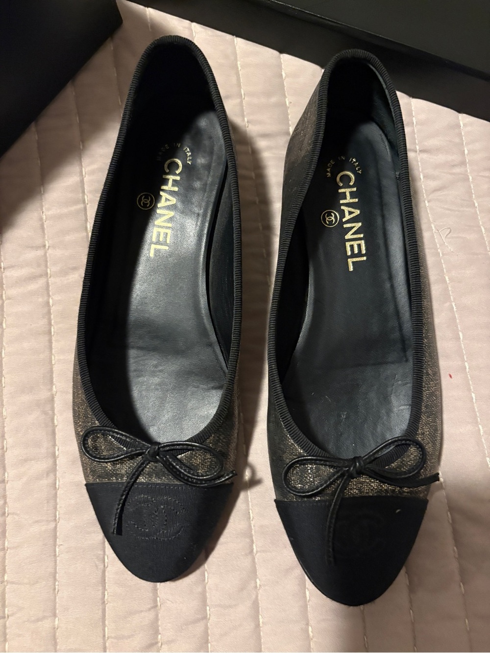 CHANEL Black and Gold Tweed Cap-Toe Ballet Flats
